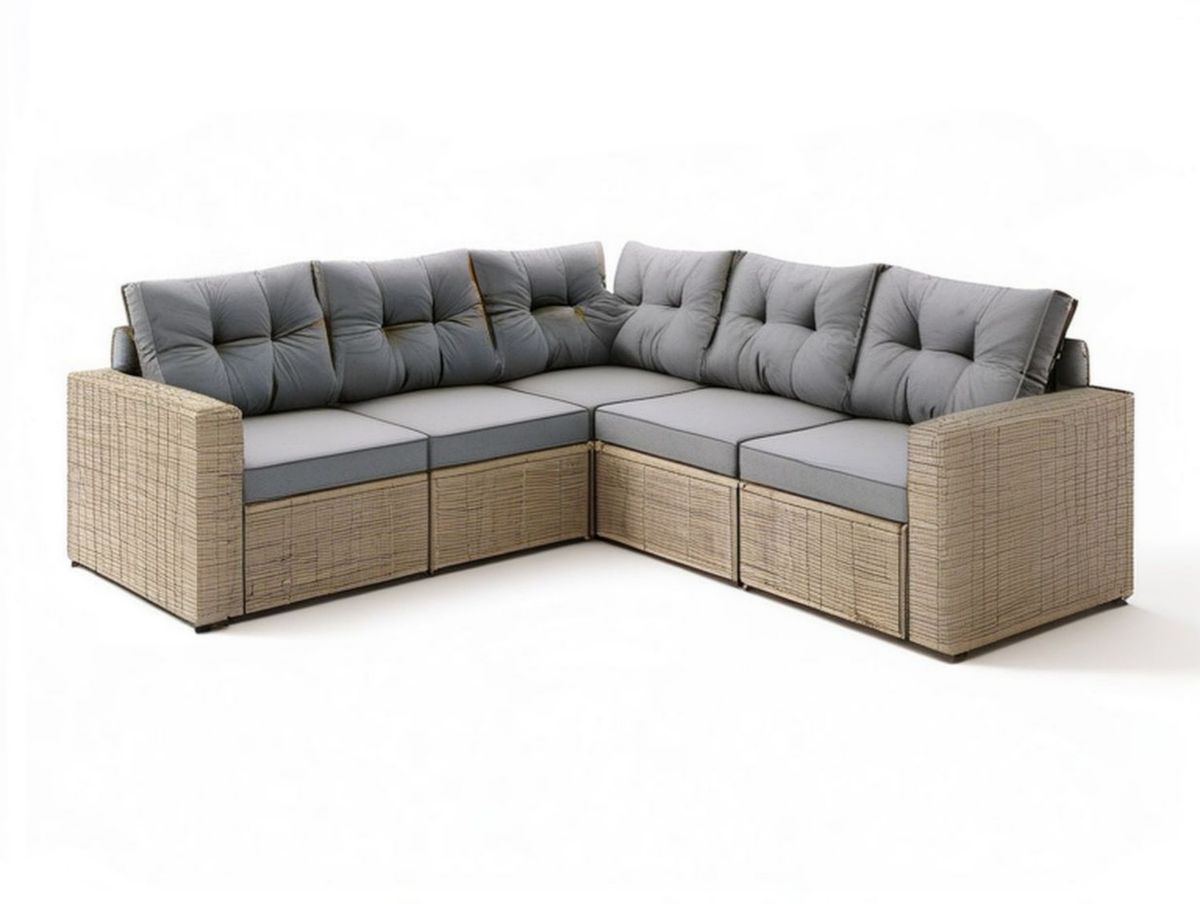 5-osobowa narożna sofa ogrodowa z technorattanu PE 230 x 230 x 85 cm Szara/Beżowa
