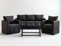 Czarny zestaw ogrodowy z technorattanu – sofa 190 x 70 x 75 cm, 2 fotele 75 x 70 x 75 cm, stolik 100 x 50 x 45 cm, ciemnoszare poduszki