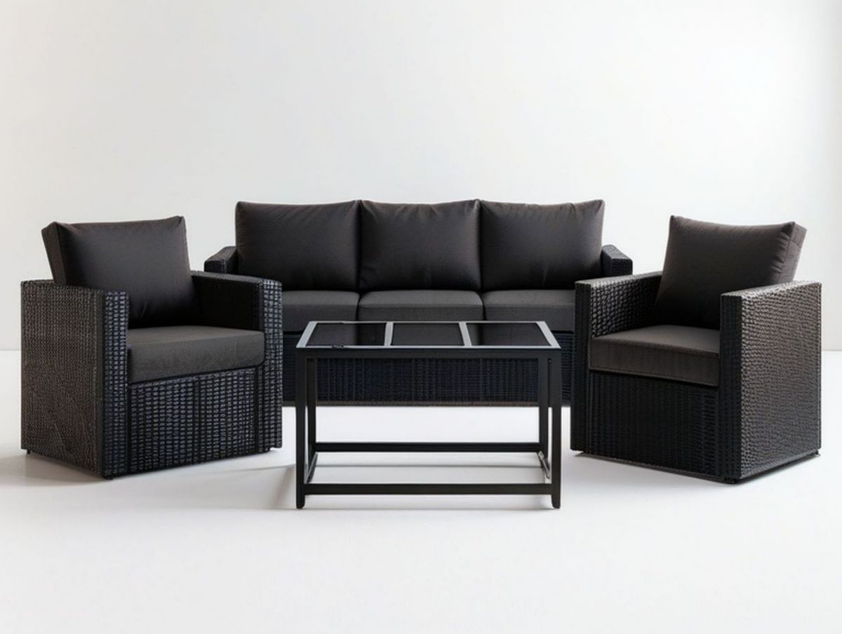Czarny zestaw ogrodowy z technorattanu – sofa 190 x 70 x 75 cm, 2 fotele 75 x 70 x 75 cm, stolik 100 x 50 x 45 cm, ciemnoszare poduszki