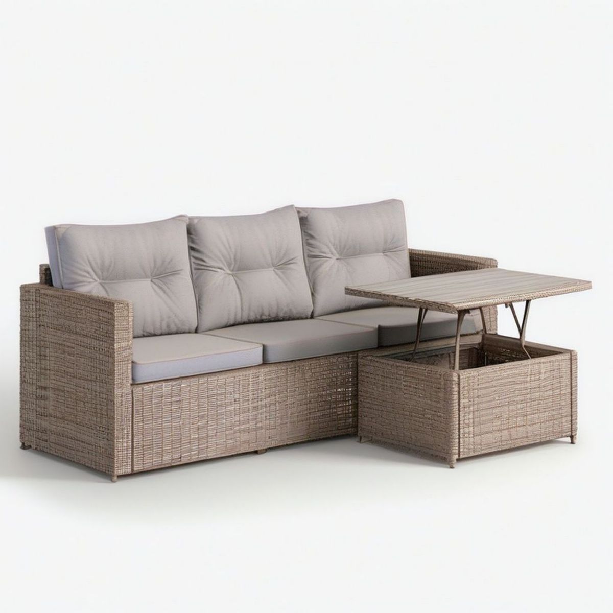 3-osobowa sofa ogrodowa z technorattanu ze stołem podnoszonym i schowkiem, szarobeżowa/jasnoszara, 180 × 75 × 70 cm